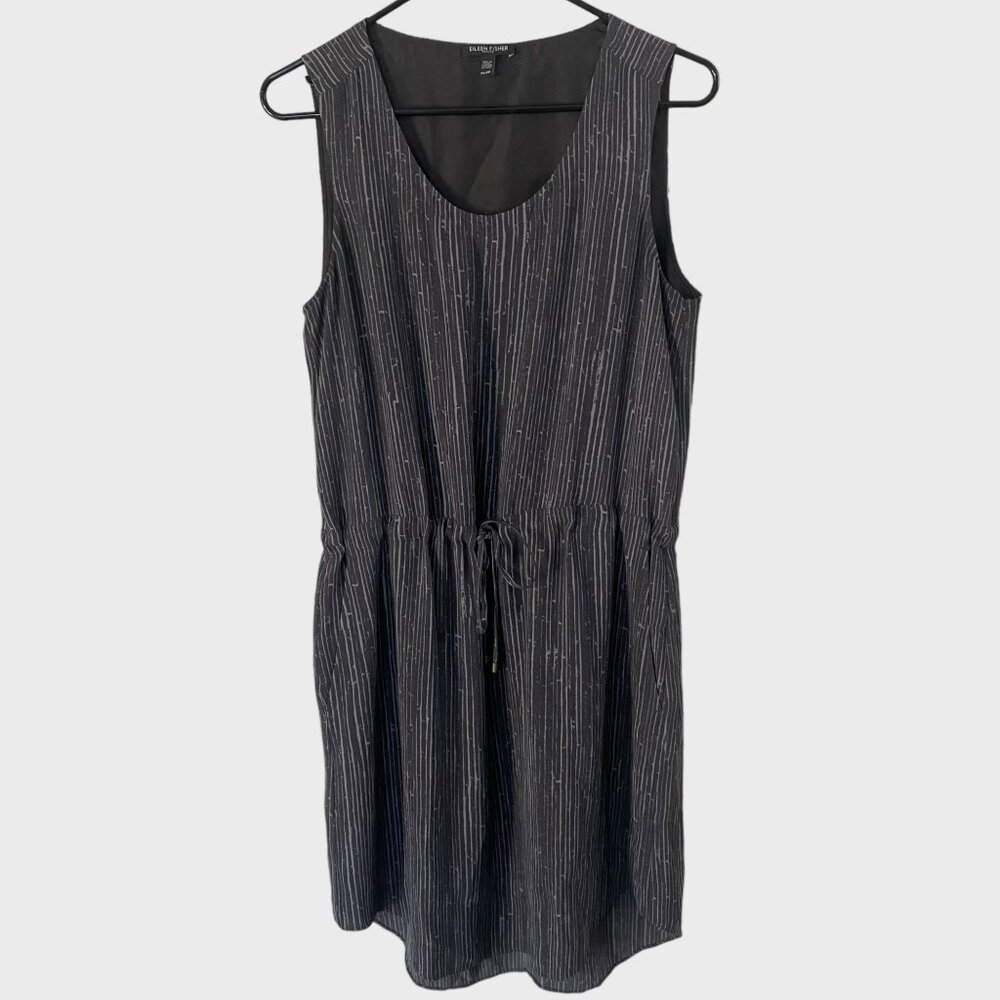 Eileen Fisher Shima Printed Sleeveless Silk Crepe Dress Gray Womens Petite Small